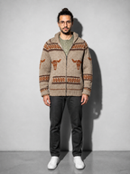 Code Culture catalog | ox-head-jacquard-weave-zip-knitted-sweater-coat | khaki | full body