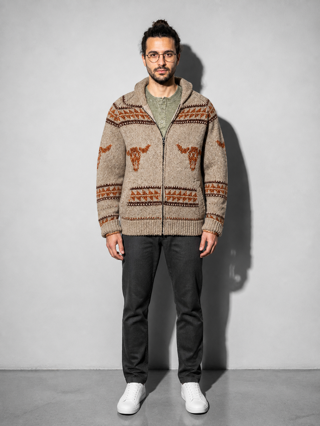 Code Culture catalog | ox-head-jacquard-weave-zip-knitted-sweater-coat | khaki | full body