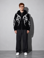 Code Culture catalog | totem-jacquard-contrast-color-hooded-zip-sweater | black | full body