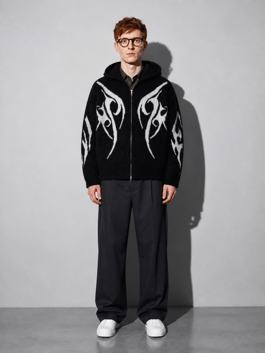 Code Culture catalog | totem-jacquard-contrast-color-hooded-zip-sweater | black | full body