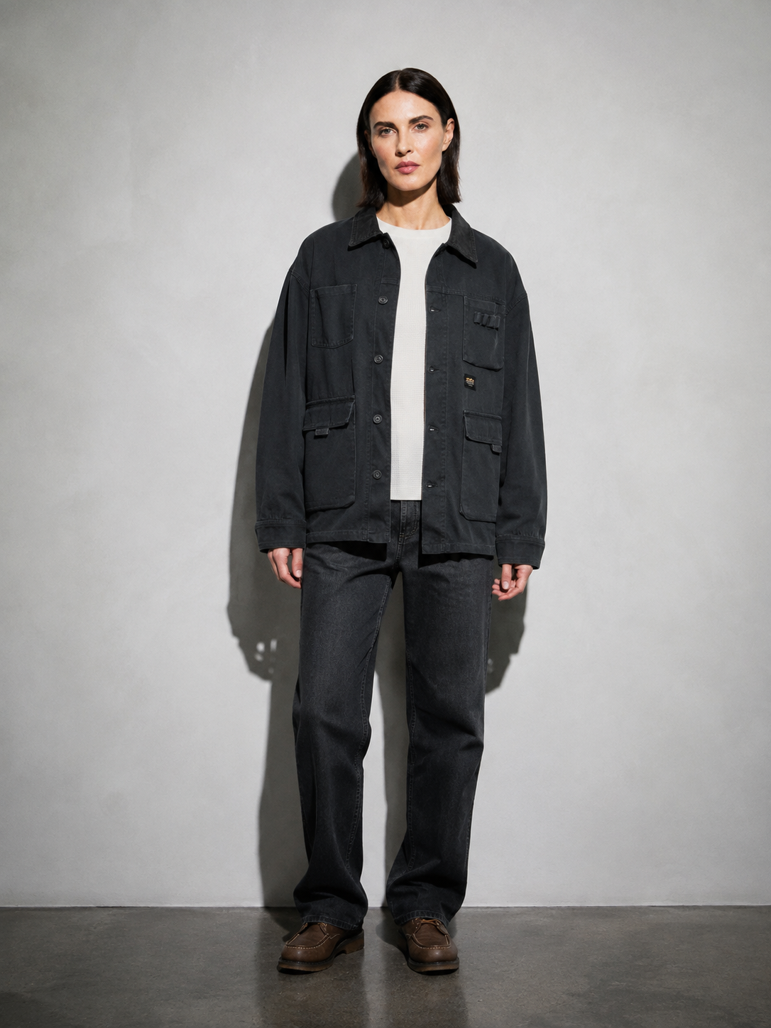 Code Culture catalog | mens-corduroy-collar-loose-workwear-jacket | color-black | full body