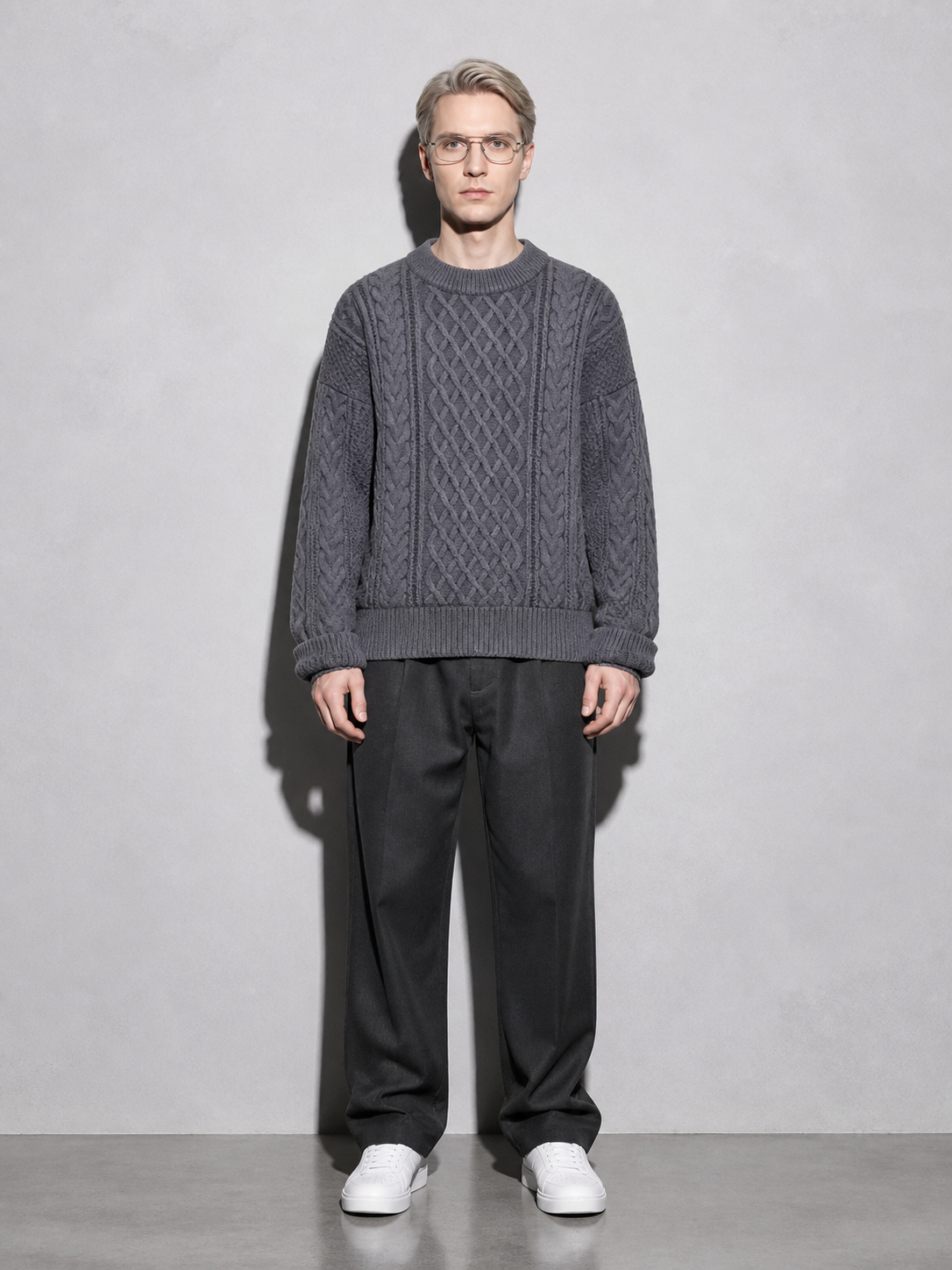 Code Culture catalog | autumn-and-winter-new-mens-twist-sweater-casual-round-neck-pullover-top | b046-gray | full body