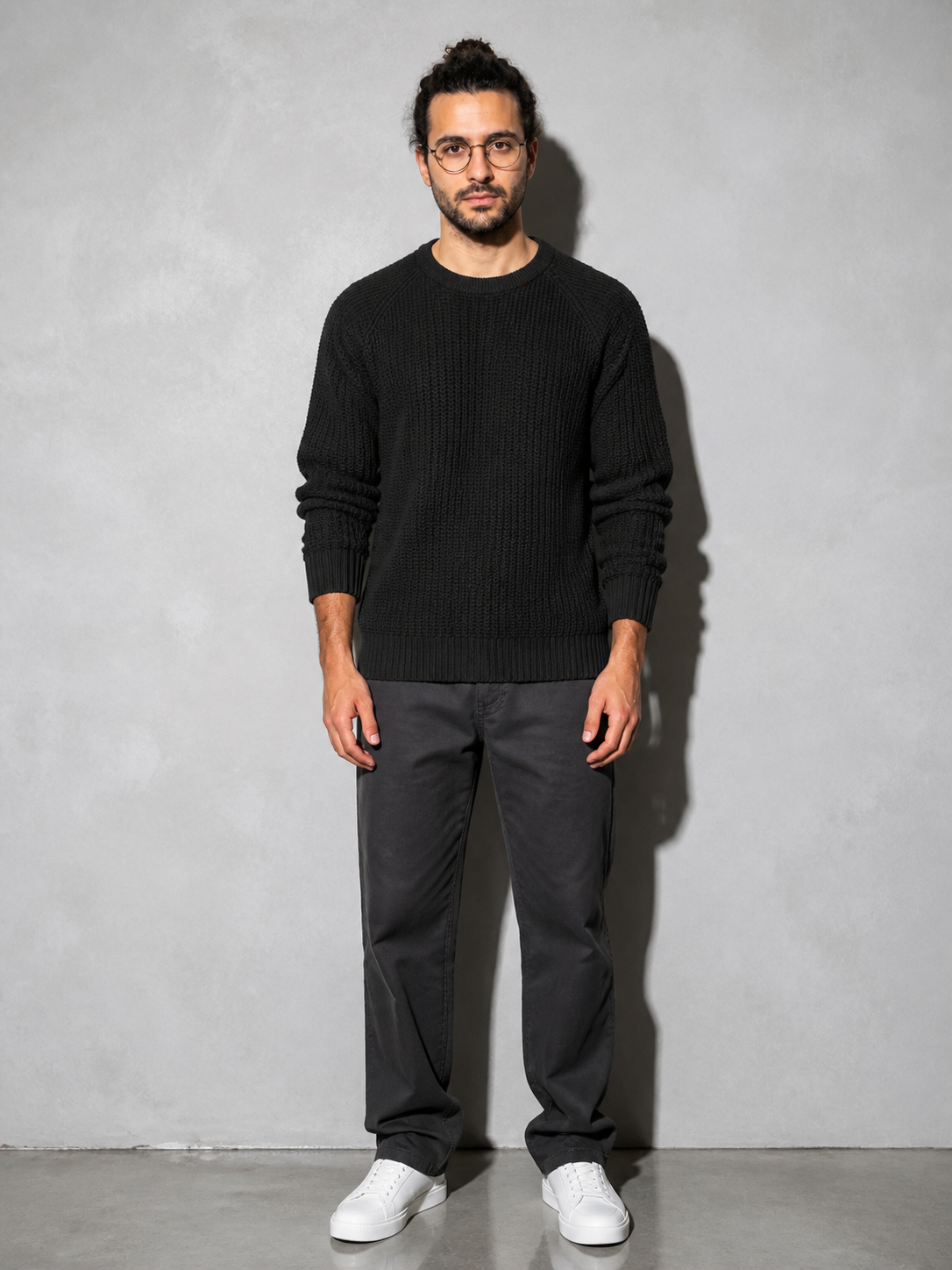 Code Culture catalog | mens-solid-color-long-sleeve-round-neck-fashion-sweater-loose-retro-sweater | black | full body