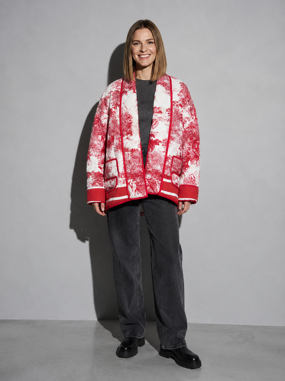 Code Culture catalog | printed-double-pocket-embellished-cotton-jacket | color-red | full body
