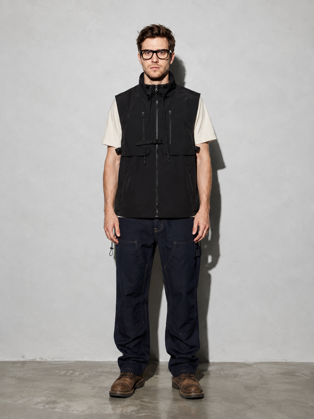 Code Culture catalog | stand-collar-workwear-vest-baggy-coat | color-black | full body