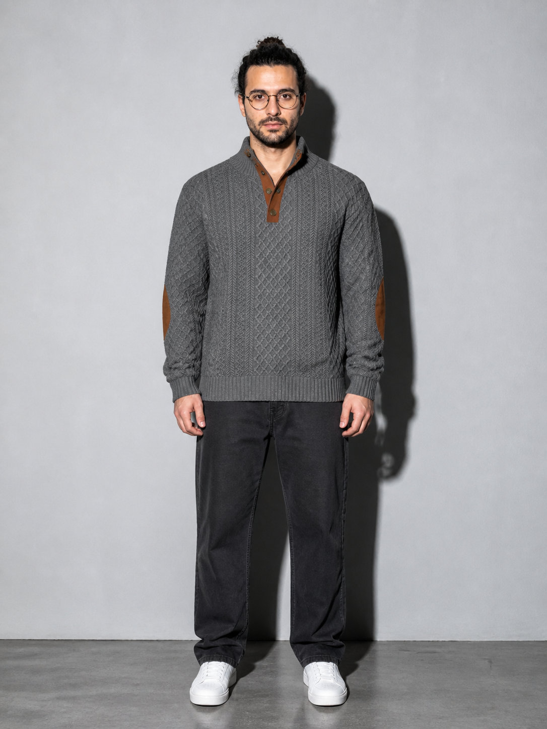 Code Culture catalog | stand-collar-long-sleeve-jacquard-knitted-pullover-sweater | dark-gray-1 | full body