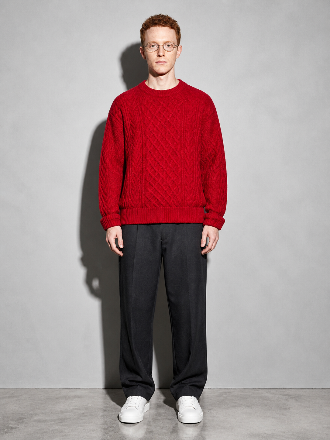 Code Culture catalog | autumn-and-winter-new-mens-twist-sweater-casual-round-neck-pullover-top | red-round-neck | full body