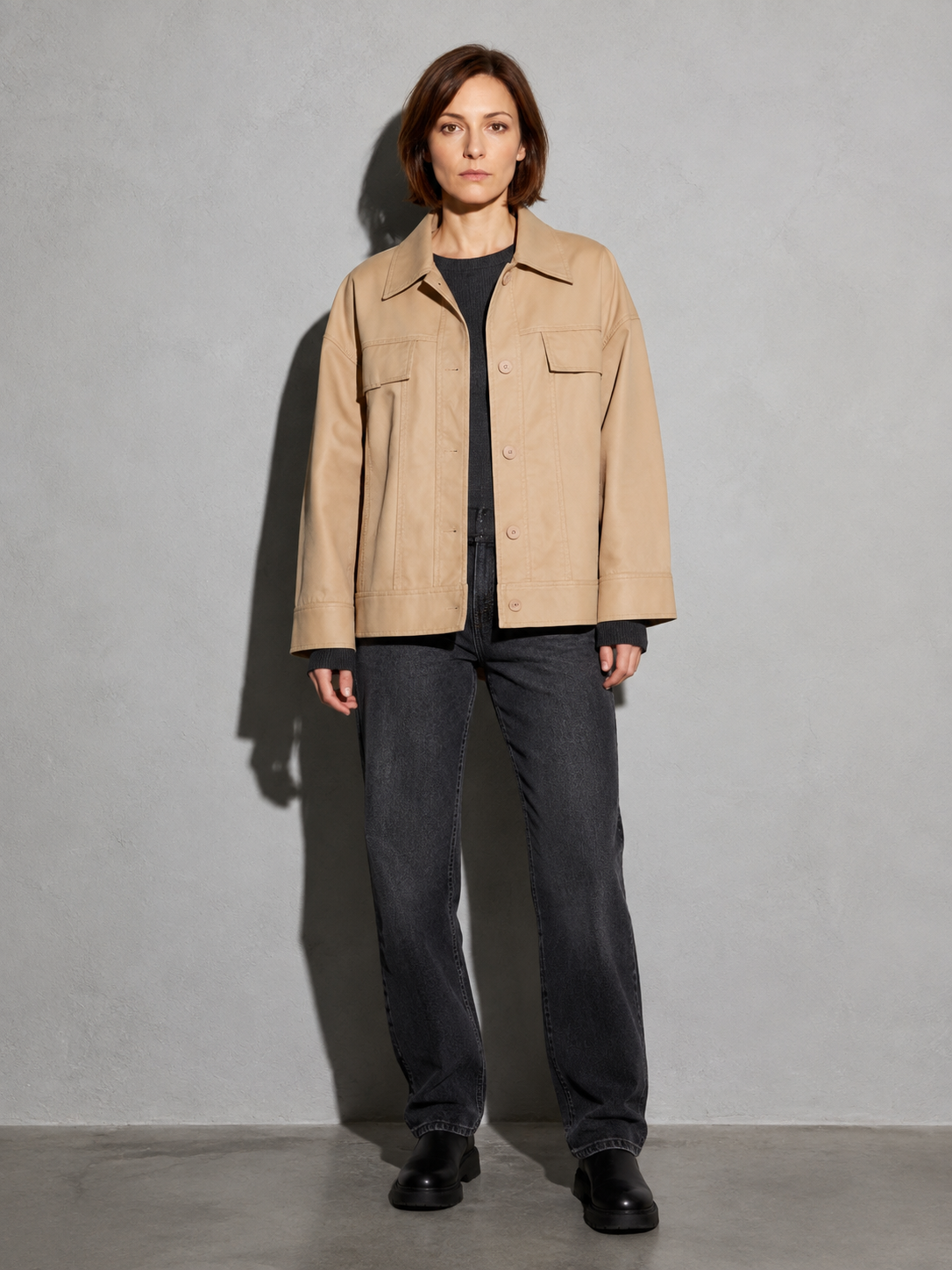 Code Culture catalog | korean-style-lapel-loose-temperament-leather-jacket | color-khaki | full body