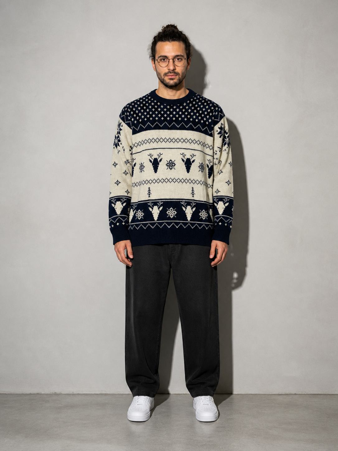 Code Culture catalog | pullover-crewneck-jacquard-christmas-sweater | navy-blue | full body