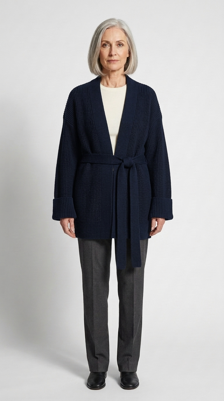 Code Culture catalog | cashmere-belt-knitted-cardigan-jacket | navy-blue | full body