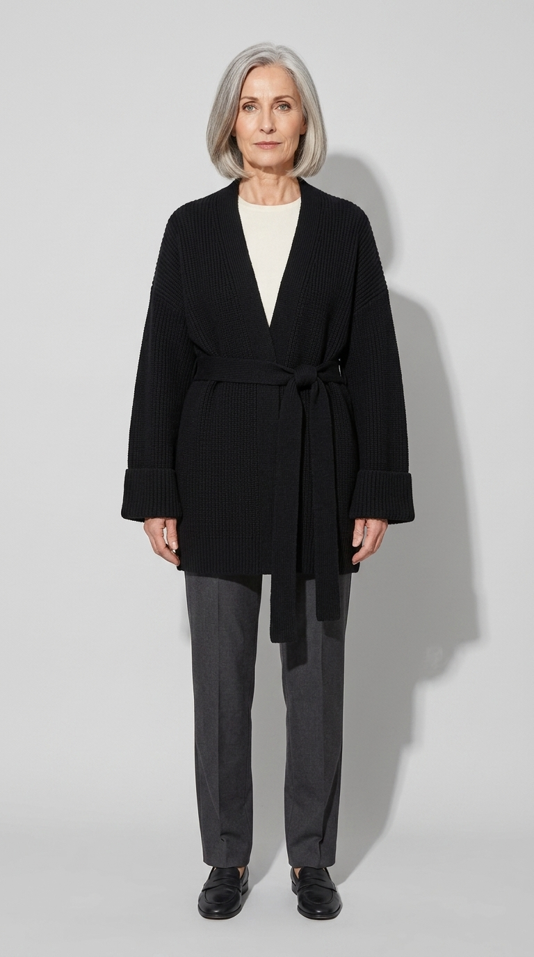 Code Culture catalog | cashmere-belt-knitted-cardigan-jacket | black | full body
