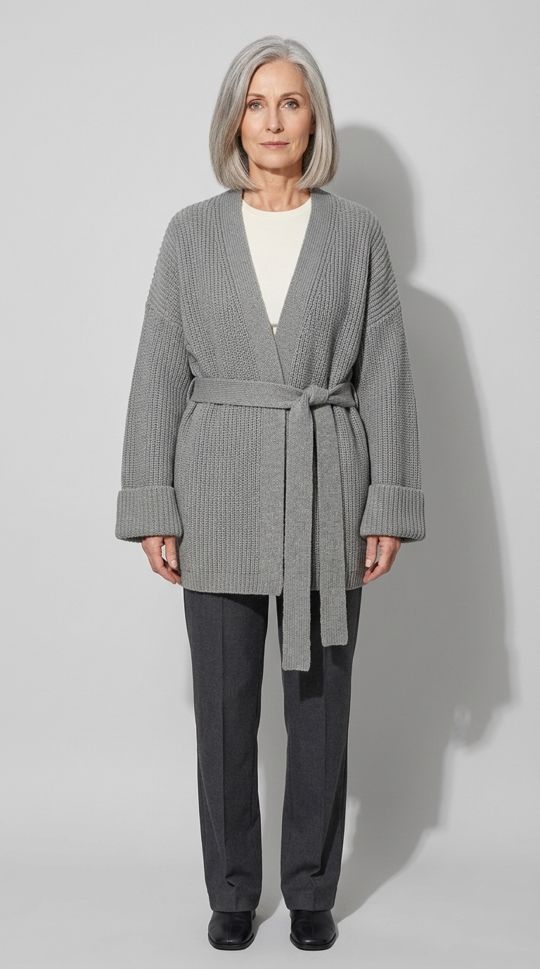 Code Culture catalog | cashmere-belt-knitted-cardigan-jacket | gray | full body