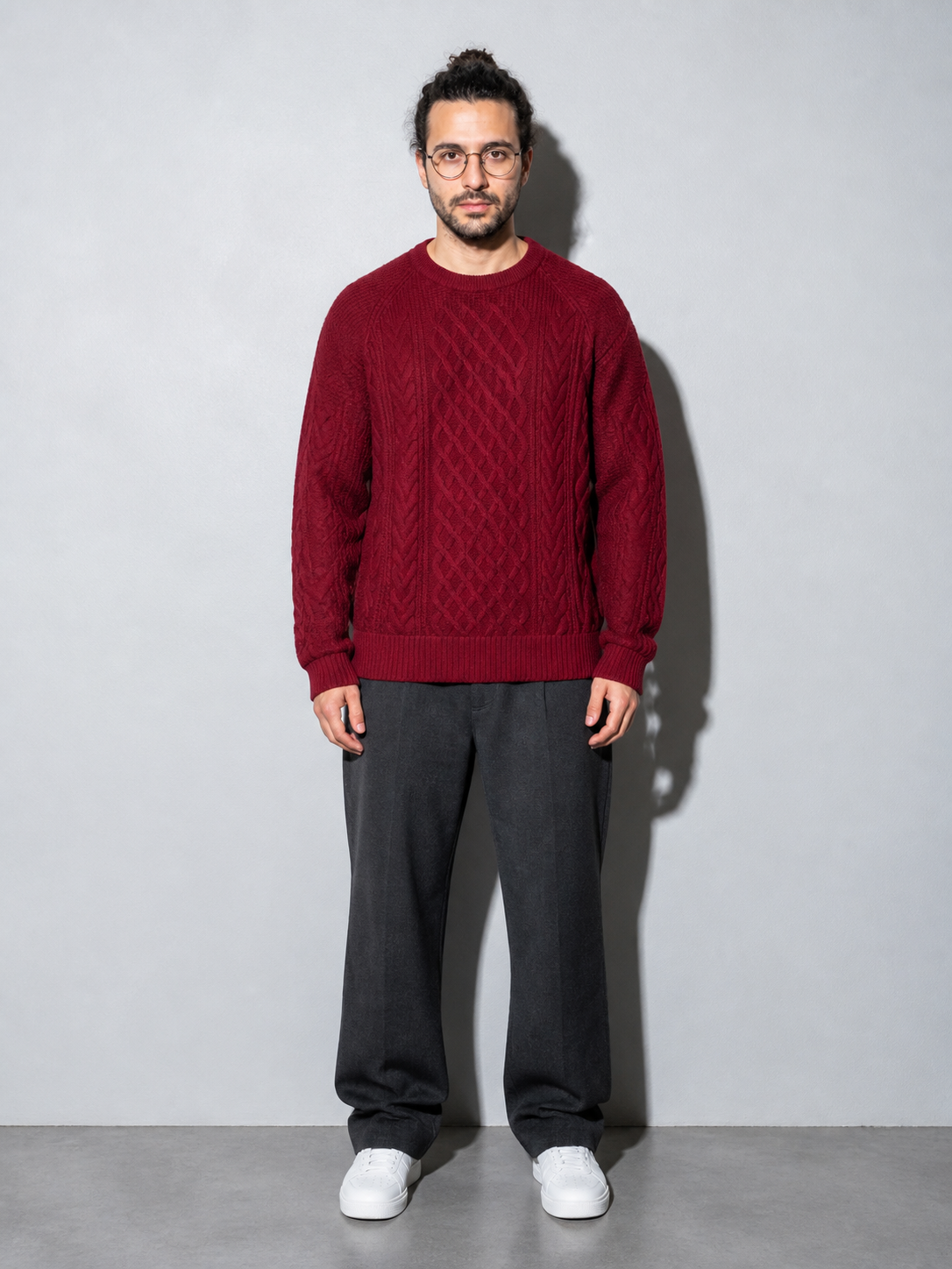 Code Culture catalog | autumn-and-winter-new-mens-twist-sweater-casual-round-neck-pullover-top | winered-round-neck | full body