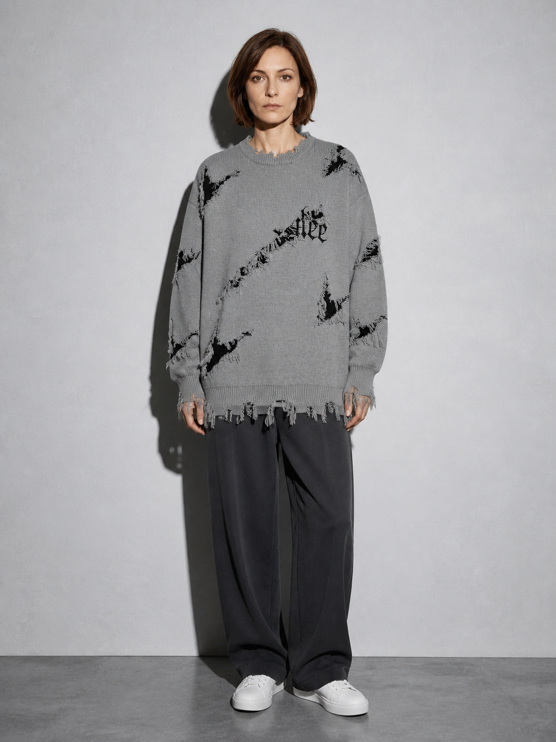 Code Culture catalog | new-personality-street-jacquard-ripped-frayed-vintage-loose-sweater | gray | full body