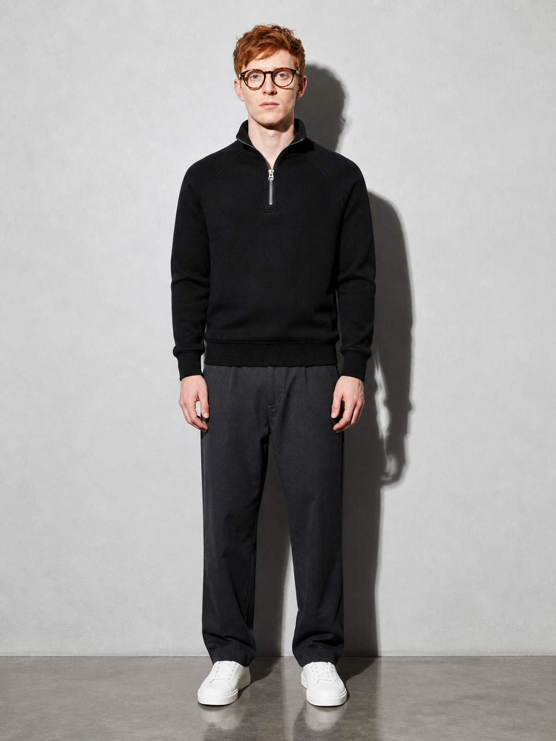 Code Culture catalog | european-and-american-half-zipper-sweater-stand-up-collar-all-match-fleece-mens-sweater-top | black | full body