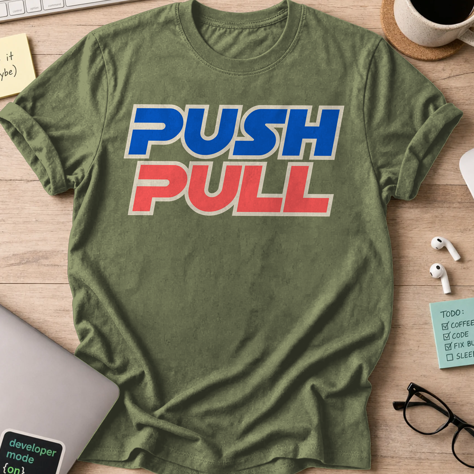 Push Pull Retro Typography Shirt — Military Green storefront mockup