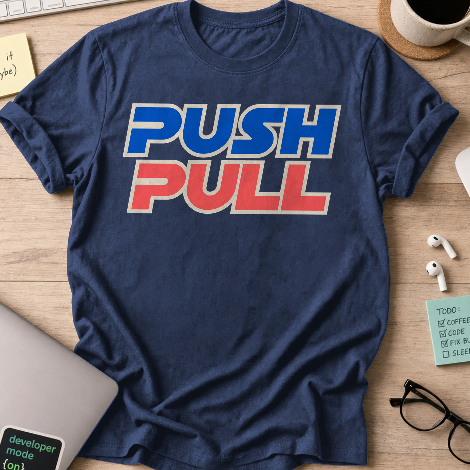 Push Pull Retro Typography Shirt — Navy storefront mockup