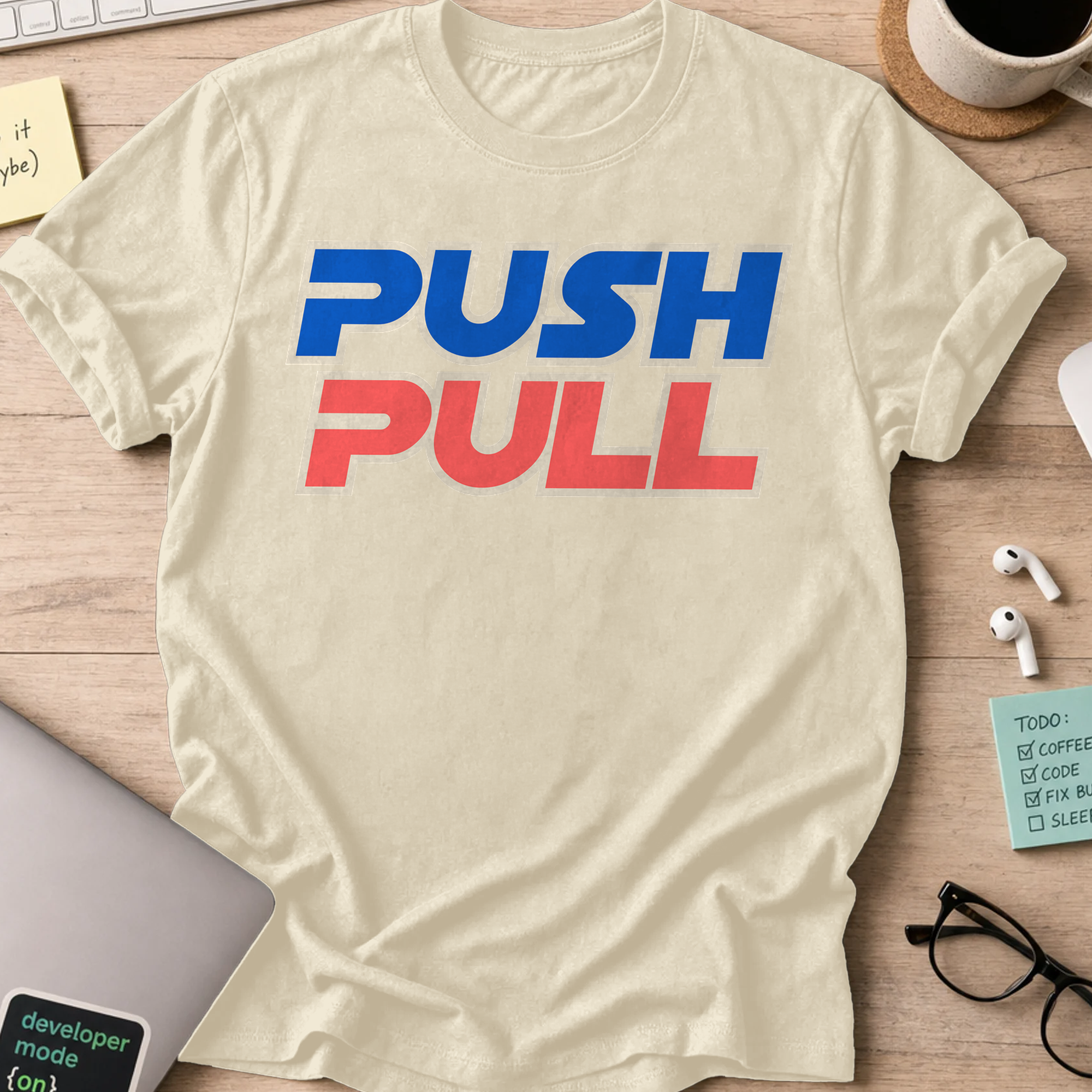 Push Pull Retro Typography Shirt — Natural storefront mockup