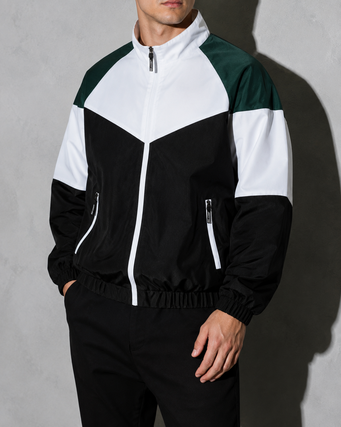 Men’s Colorblock Lightweight Sports Jacket | White And Black | bust to thigh | CodeCulture catalog