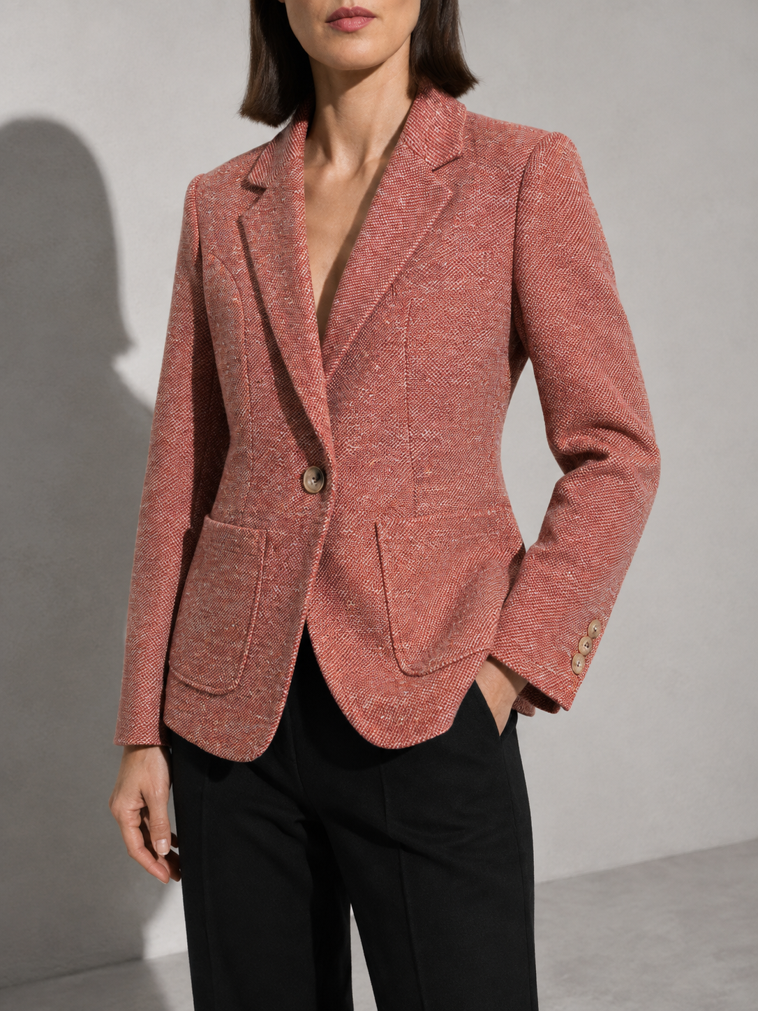 Women's Quilted Woolen Suit Jacket in Orange, 02 bust to thigh, worn by model