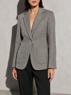 Women's Quilted Woolen Suit Jacket in Gray, 02 bust to thigh, worn by model
