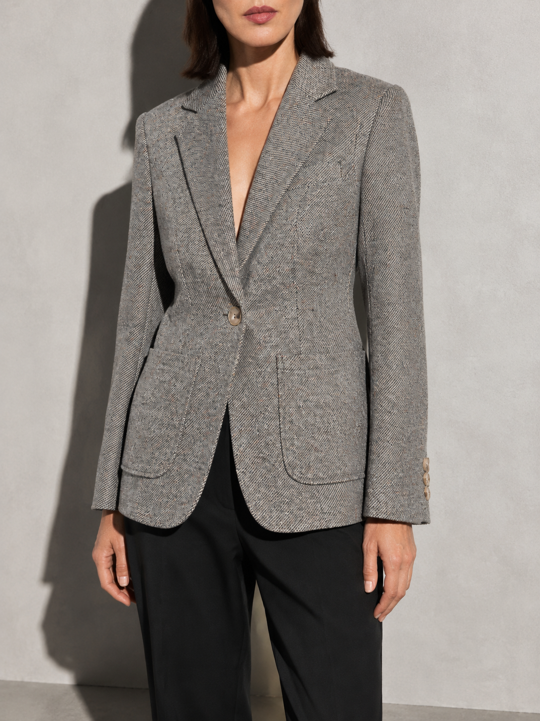 Women's Quilted Woolen Suit Jacket in Gray, 02 bust to thigh, worn by model