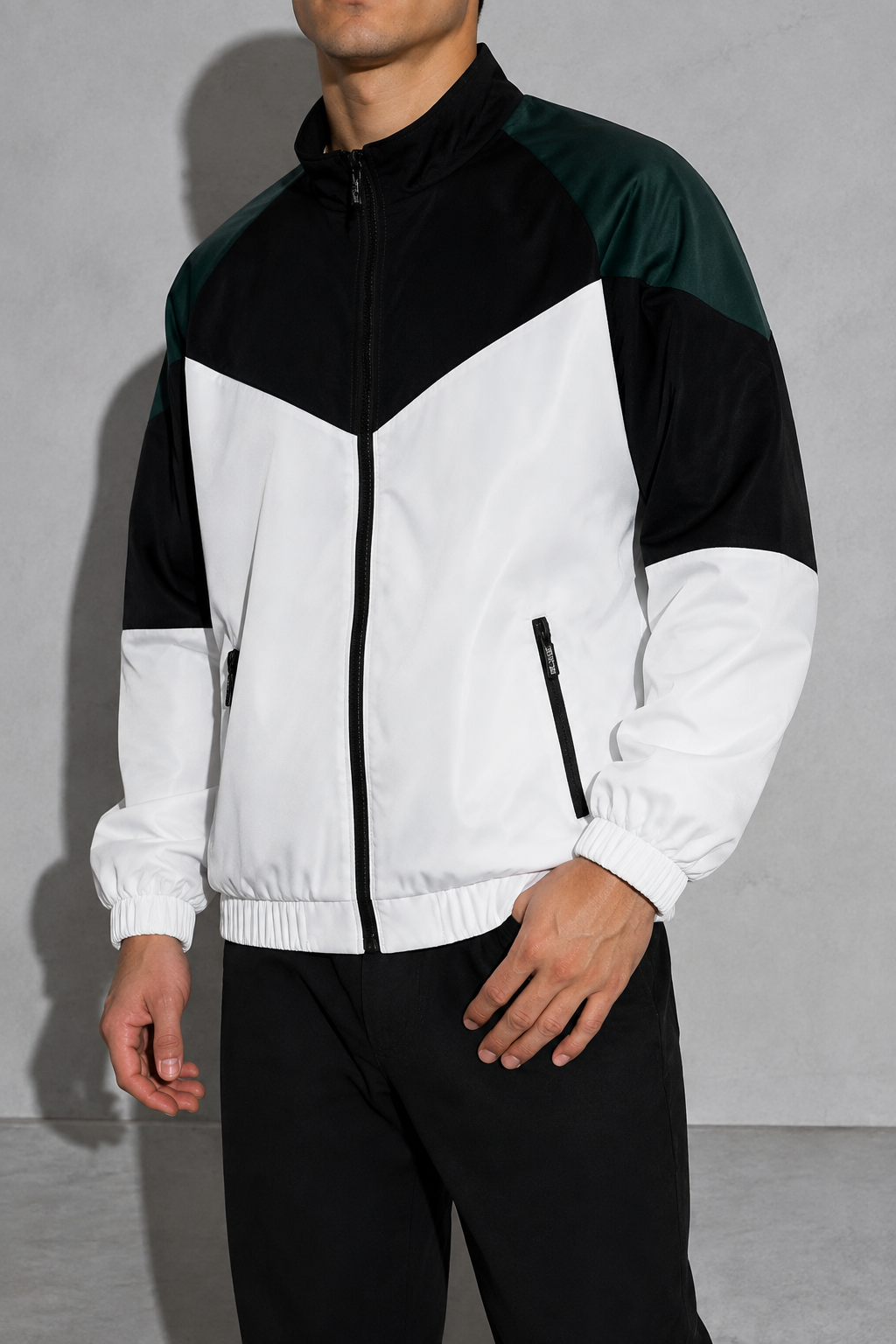 Men’s Colorblock Lightweight Sports Jacket | Black And White | bust to thigh | CodeCulture catalog