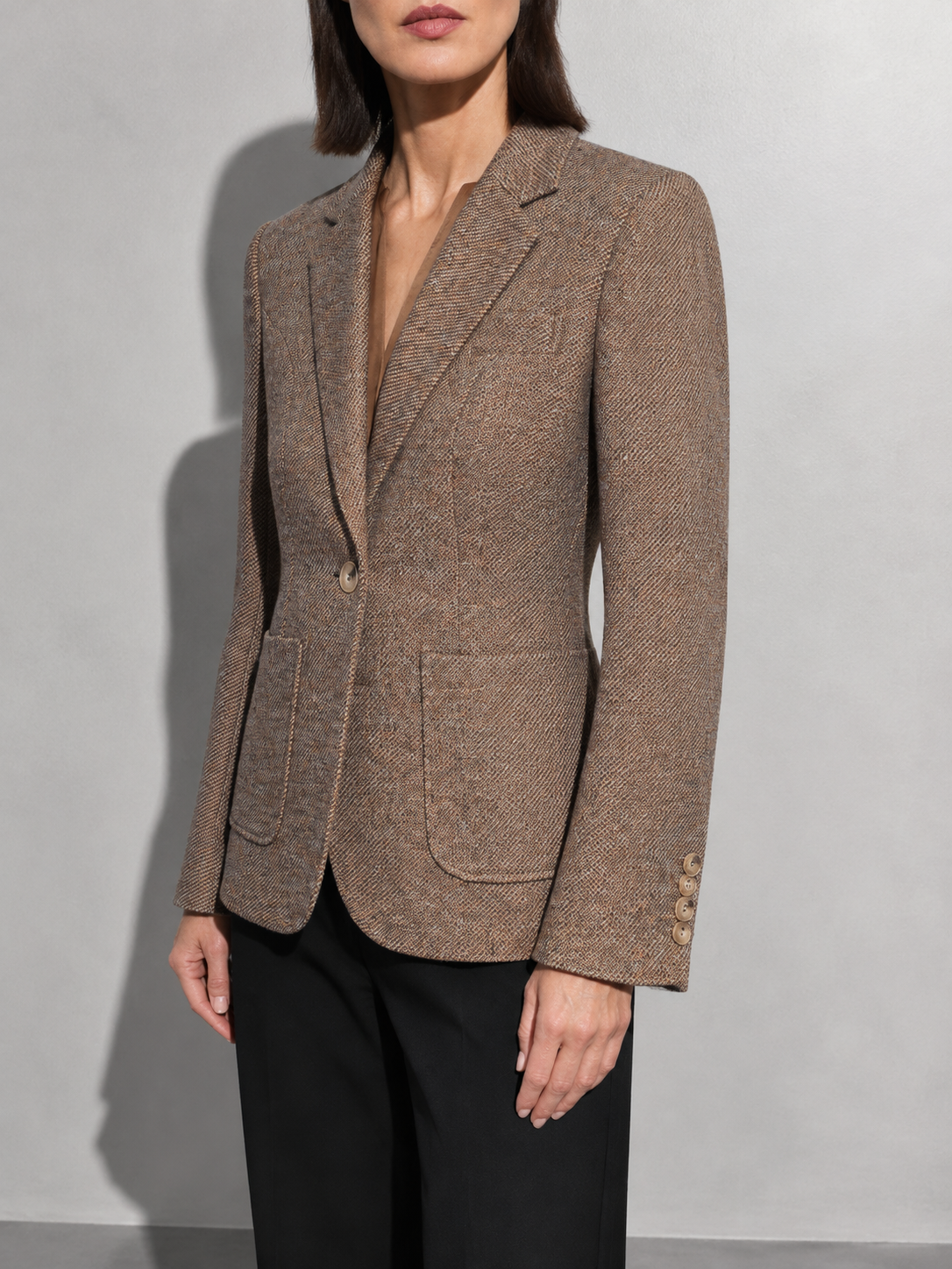 Women's Quilted Woolen Suit Jacket in Coffee, 02 bust to thigh, worn by model