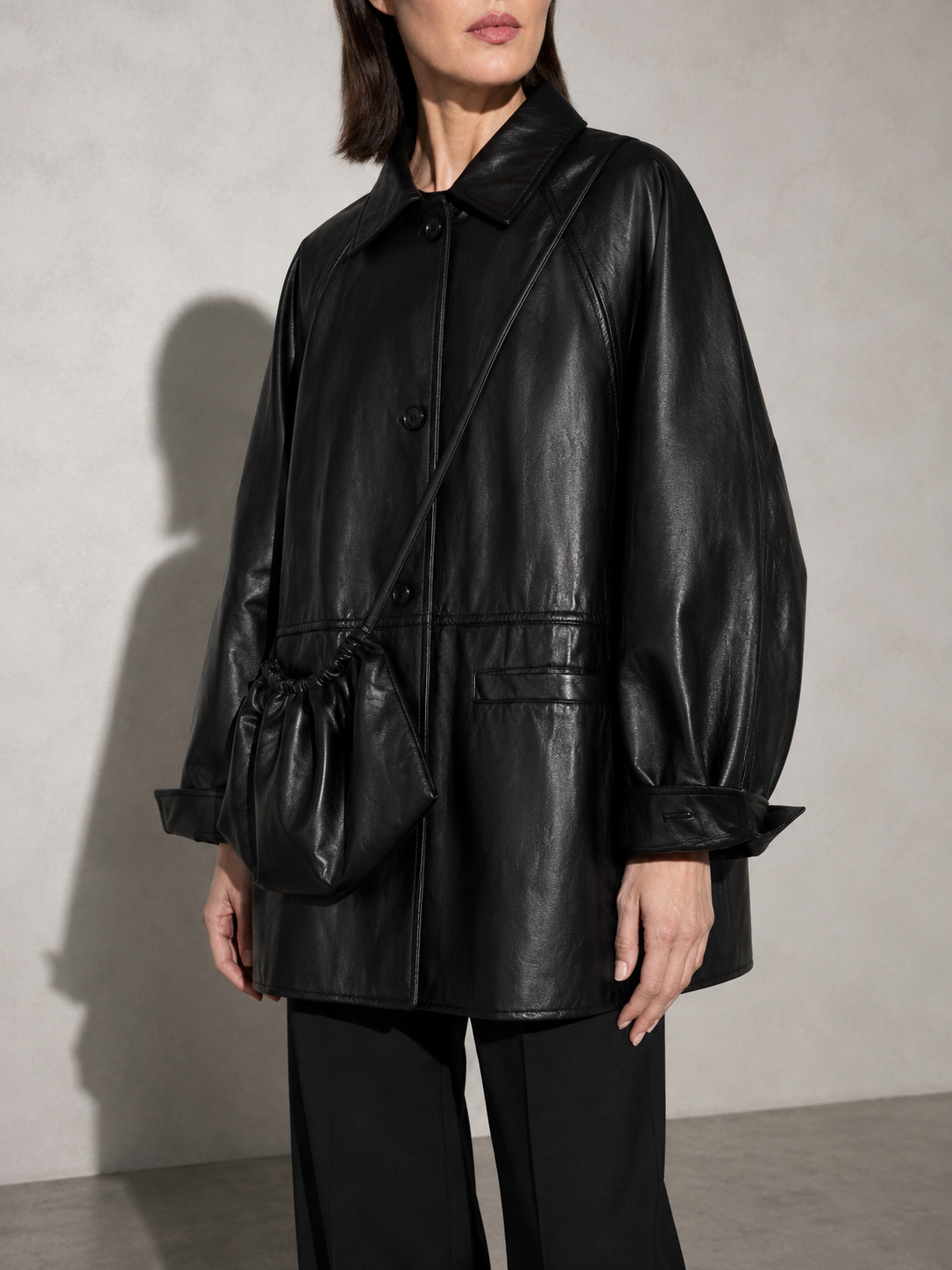 Women's Retro Motorcycle PU Leather Jacket with Bag in Black With Bag, 02 bust to thigh, worn by model
