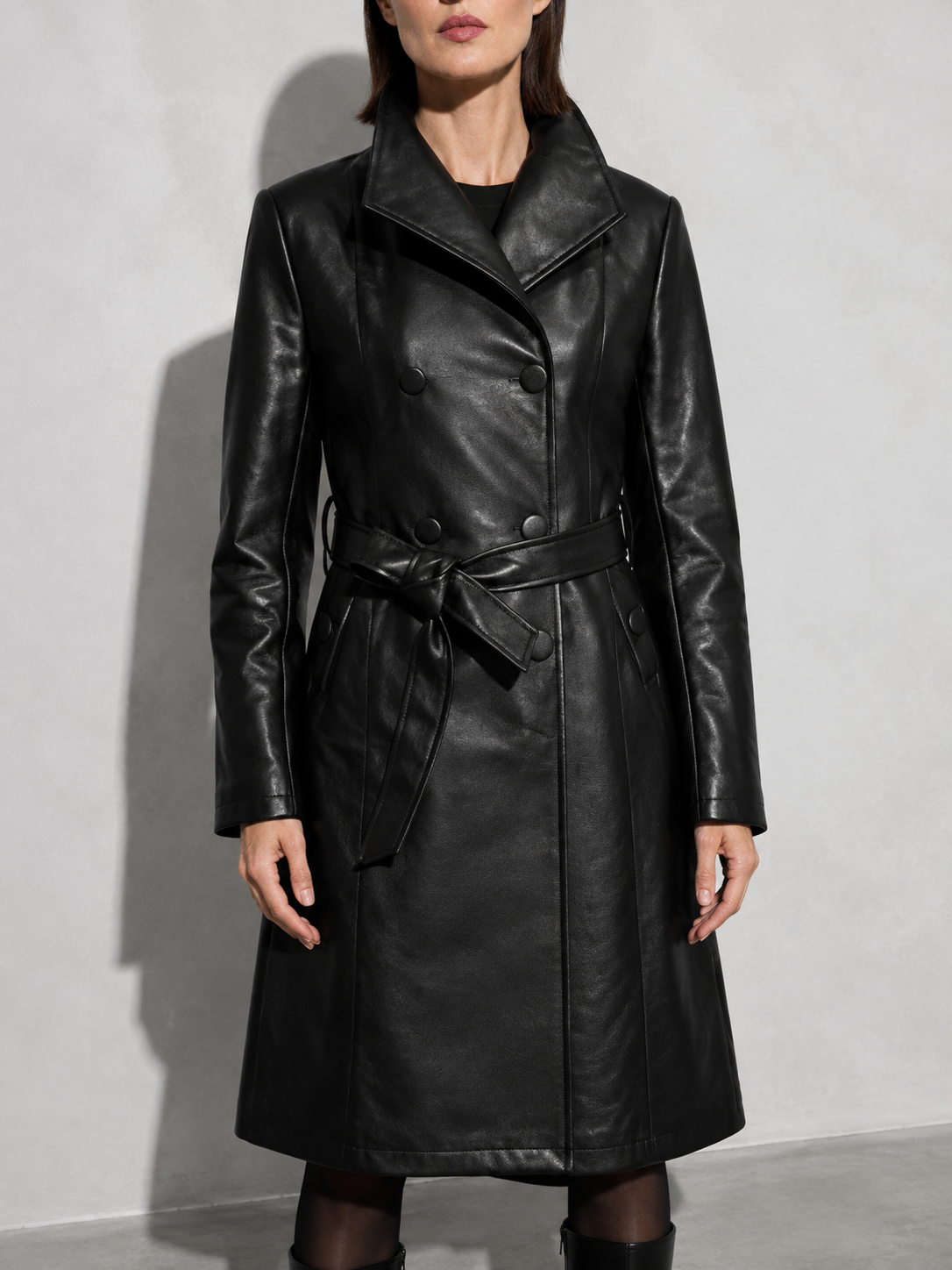 Women's PU Leather Mid-Length Windbreaker in Black, 02 bust to thigh, worn by model