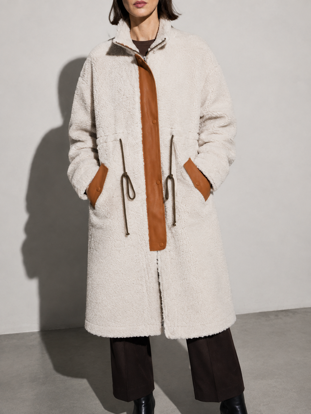 Women's Mid-Length Colorblock Wool Coat in Picture Color, 02 bust to thigh, worn by model