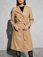 Women's PU Leather Mid-Length Windbreaker in Khaki, 02 bust to thigh, worn by model