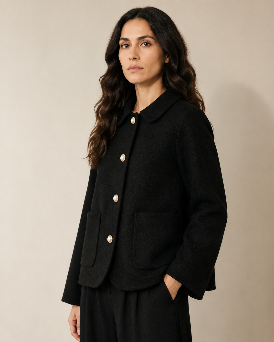 Women's Cropped Button-Front Woolen Jacket for Layering in Black, 02 standing lifestyle, worn by model