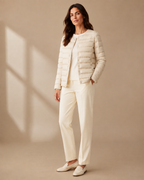 Women's Lightweight Down-Filled Quilted Jacket for Layering in Beige, 02 standing lifestyle, worn by model