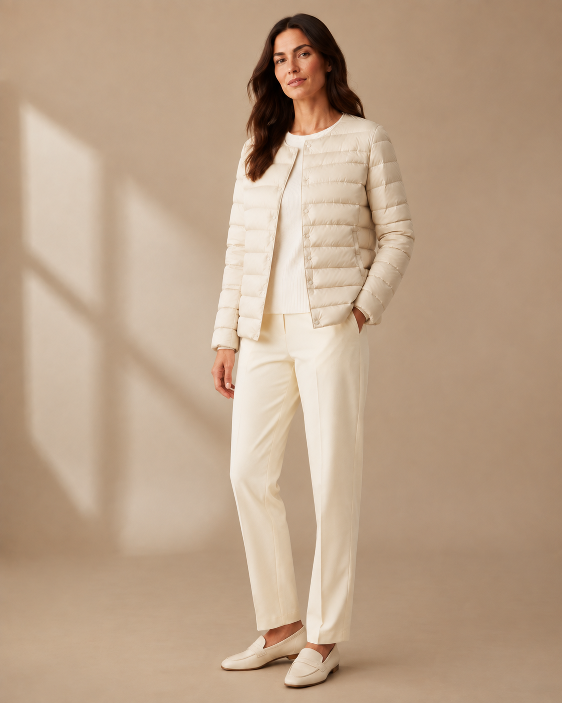 Women's Lightweight Down-Filled Quilted Jacket for Layering in Beige, 02 standing lifestyle, worn by model