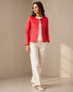 Women's Lightweight Down-Filled Quilted Jacket for Layering in Delightful Red, 02 standing lifestyle, worn by model