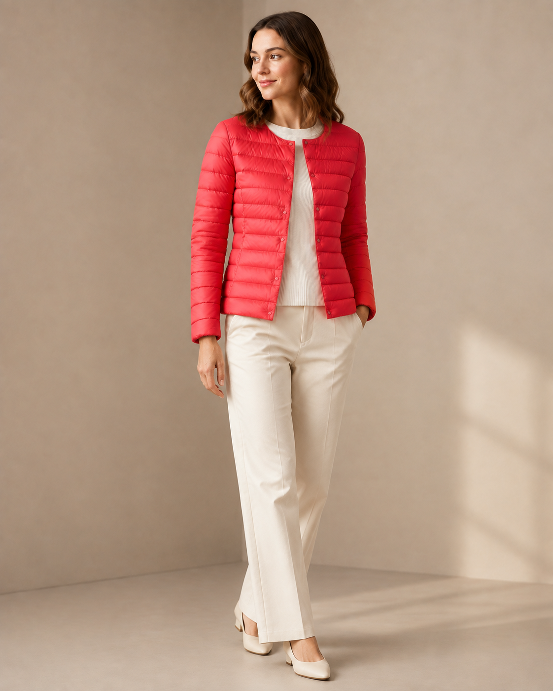 Women's Lightweight Down-Filled Quilted Jacket for Layering in Delightful Red, 02 standing lifestyle, worn by model