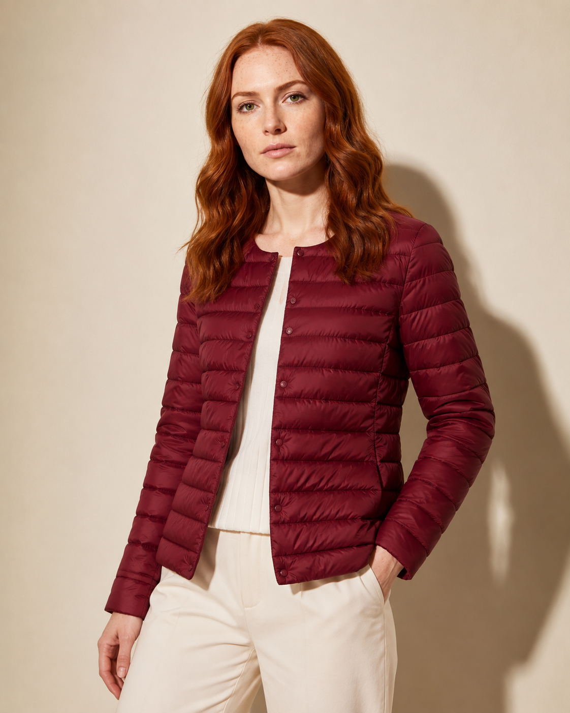 Women's Lightweight Down-Filled Quilted Jacket for Layering in Wine Red, 02 standing lifestyle, worn by model