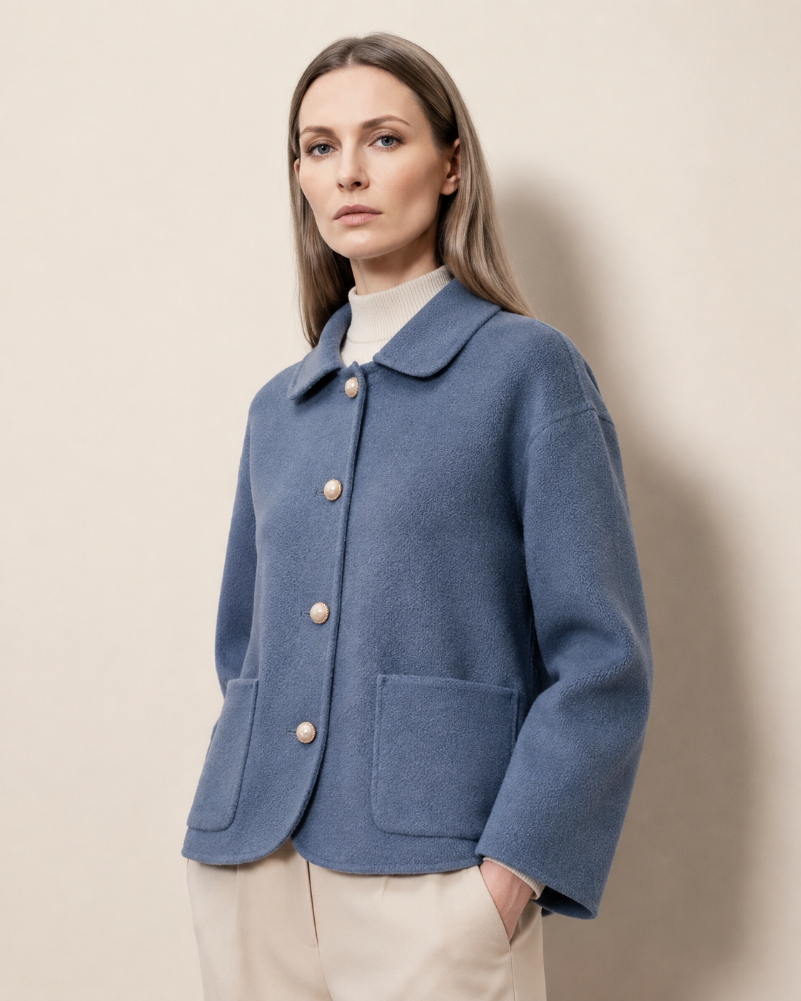 Women's Cropped Button-Front Woolen Jacket for Layering in Haze Blue, 02 standing lifestyle, worn by model