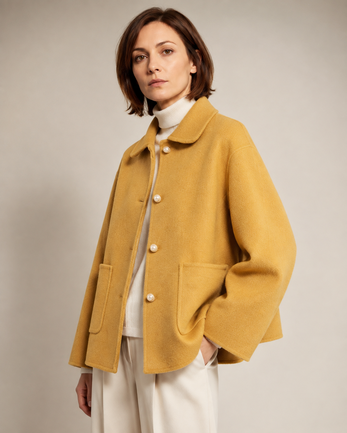 Women's Cropped Button-Front Woolen Jacket for Layering in Ginger Yellow, 02 standing lifestyle, worn by model