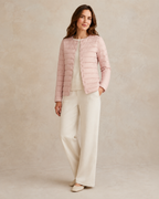 Women's Lightweight Down-Filled Quilted Jacket for Layering in Light Purple, 02 standing lifestyle, worn by model