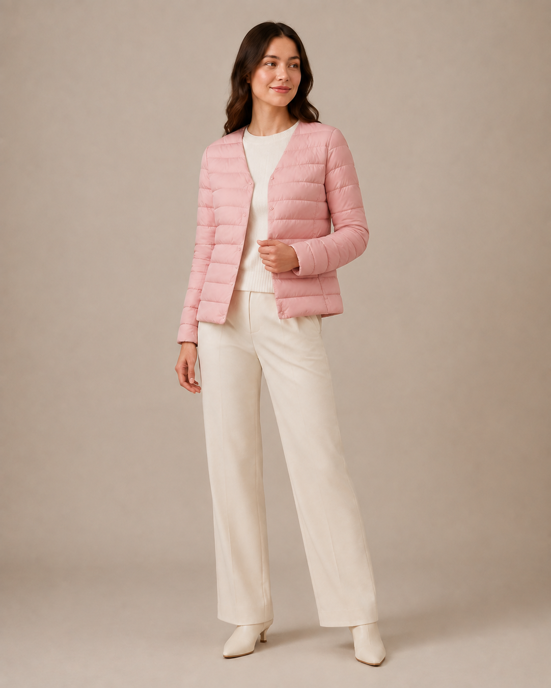 Women's Lightweight Down-Filled Quilted Jacket for Layering in Cherry Blossom Pink, 02 standing lifestyle, worn by model