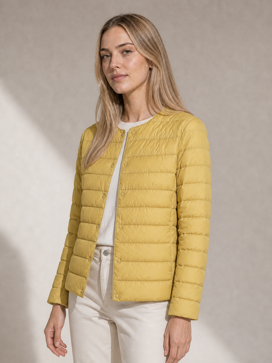 Women's Lightweight Down-Filled Quilted Jacket for Layering in Light Yellow, 02 standing lifestyle, worn by model
