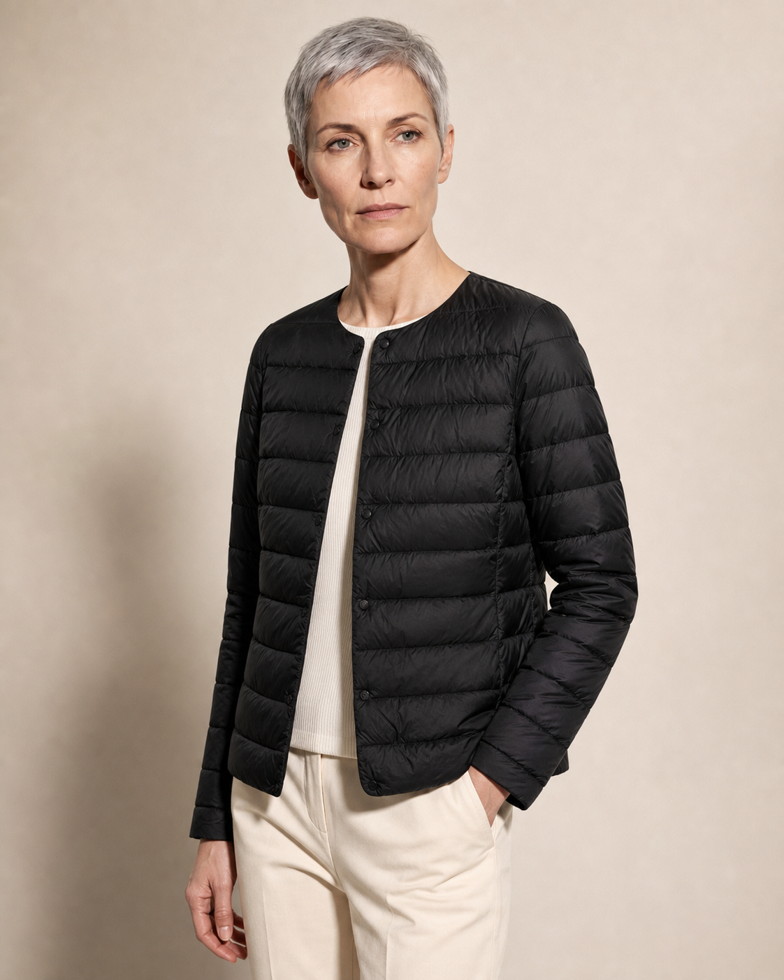 Women's Lightweight Down-Filled Quilted Jacket for Layering in Black, 02 standing lifestyle, worn by model
