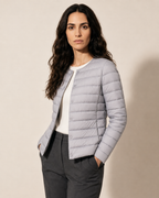 Women's Lightweight Down-Filled Quilted Jacket for Layering in Silver, 02 standing lifestyle, worn by model