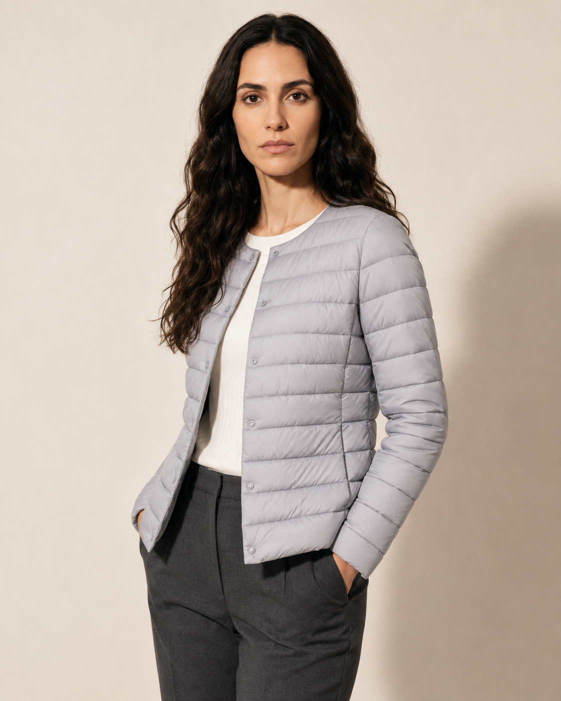 Women's Lightweight Down-Filled Quilted Jacket for Layering in Silver, 02 standing lifestyle, worn by model