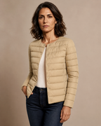Women's Lightweight Down-Filled Quilted Jacket for Layering in Khaki, 02 standing lifestyle, worn by model