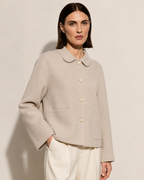 Women's Cropped Button-Front Woolen Jacket for Layering in Beige, 02 standing lifestyle, worn by model