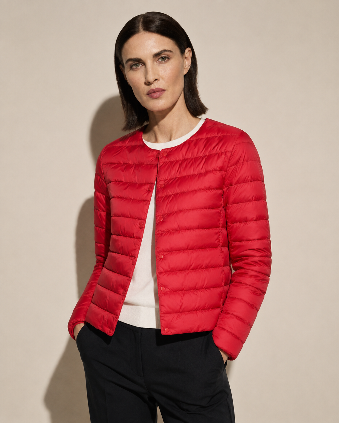 Women's Lightweight Down-Filled Quilted Jacket for Layering in Red, 02 standing lifestyle, worn by model