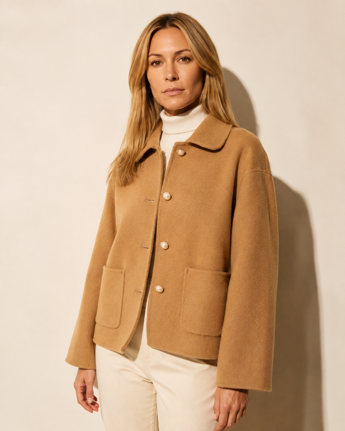 Women's Cropped Button-Front Woolen Jacket for Layering in Camel, 02 standing lifestyle, worn by model